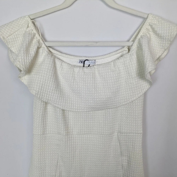 ZARA Textured Weave Sheath Midi Dress Ruffle Off The Shoulder Bridal Wedding M - Picture 8 of 10
